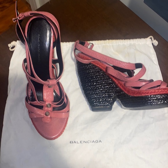 Balenciaga Size 8 Pink, Red, and Black Platform Wedge Heels - Picture 1 of 5